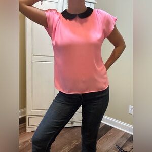 CeCe Hot Pink Black Doll Collar Short Sleeve Blouse